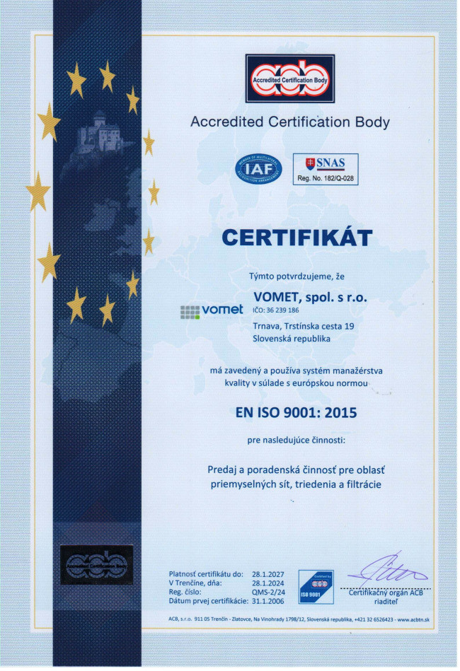Certifikát EN ISO 9001: 2015